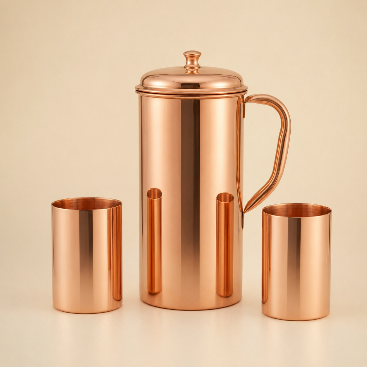 MCI machine-finished copper jug and tumblers